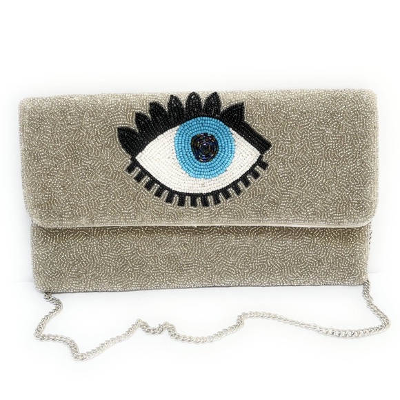 Silver Evil Eye Beaded Clutch Purse - Picture 2 of 4